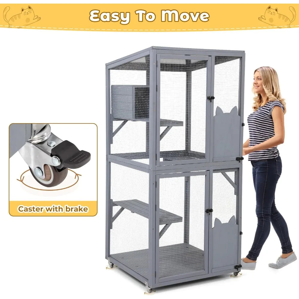 Catio Outdoor Cat Enclosure Window Access, Outdoor Cat House with Wheels, Cage for Cats Indoor(Grey, Medium)