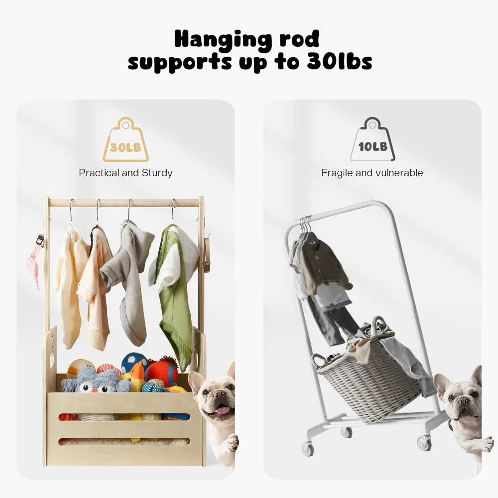 35L Wooden Dog Storage Organizer, Dog Toy Bin with Hanging Rods, 27"x16"x11" Pet Wardrobe Closet with 2 Metal Hooks, Pet Clothes