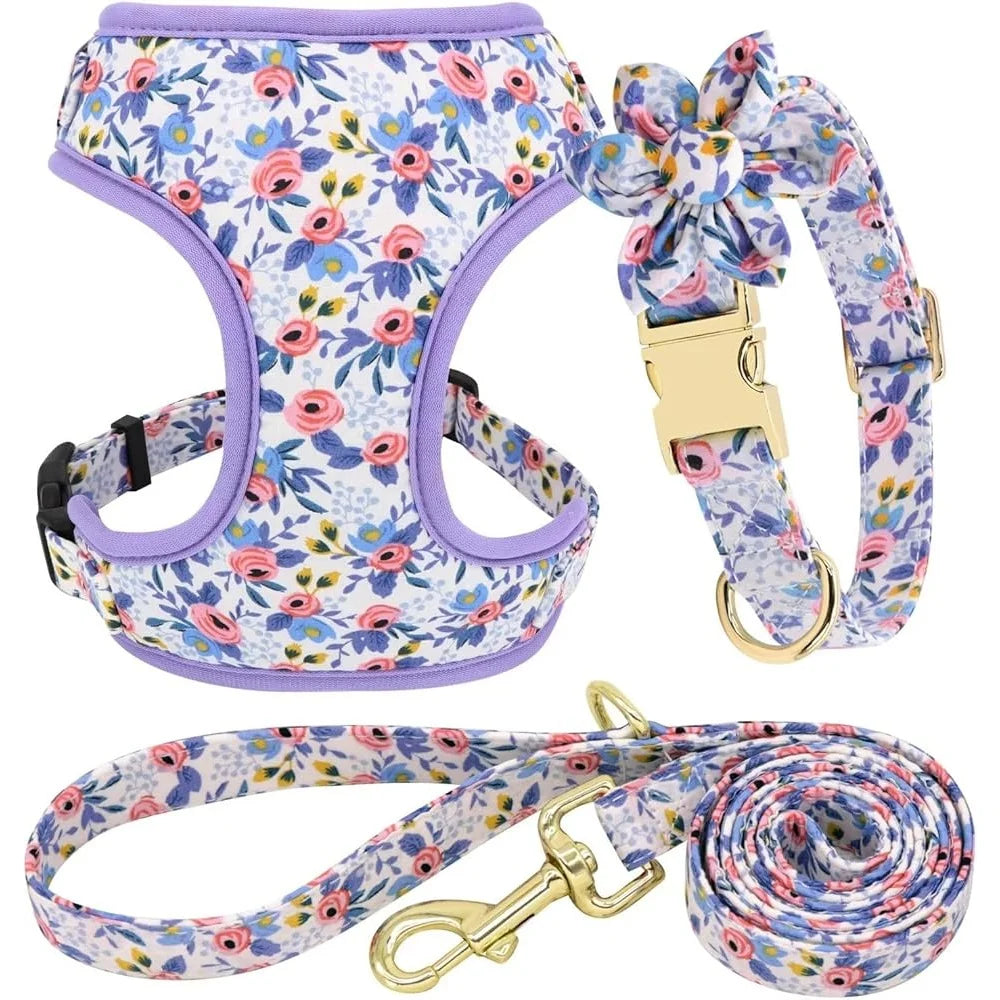 Cute Dog Harness Leash Collar Set Adjustable Floral Soft Mesh Pet Vest Puppies Girls Wedding Party Outdoor Activities