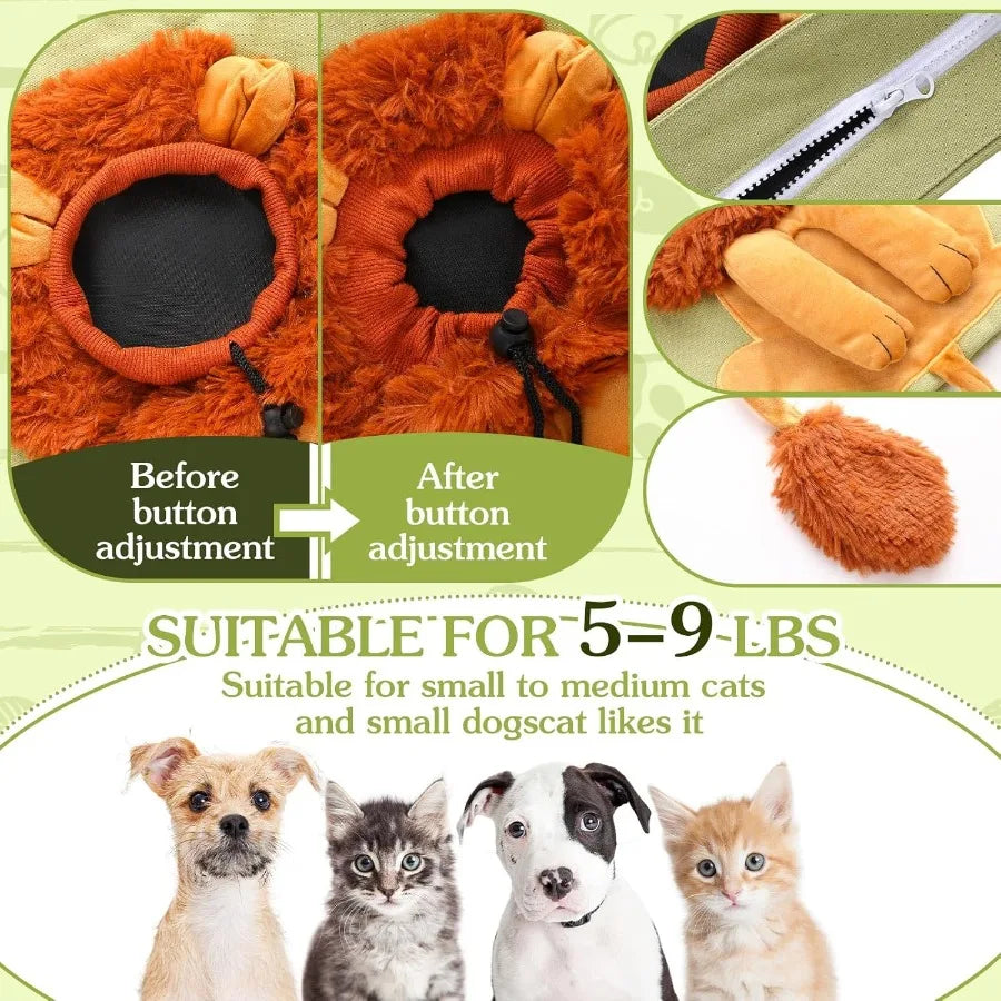 Portable Green LionShaped Canvas Shoulder Bag for Small Animals: Cute Cat Carrier and Tote Handbag Ideal for Outdoor Travel Pet