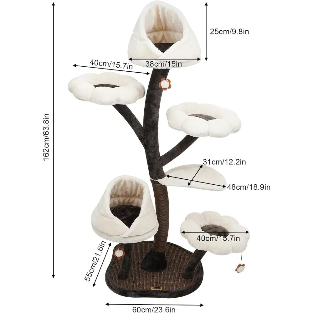 Multi-Level Cat Climbing Tower with Scratching Posts and Resting Platforms, 63.8in High, 22lbs Capacity, Brown and White Design