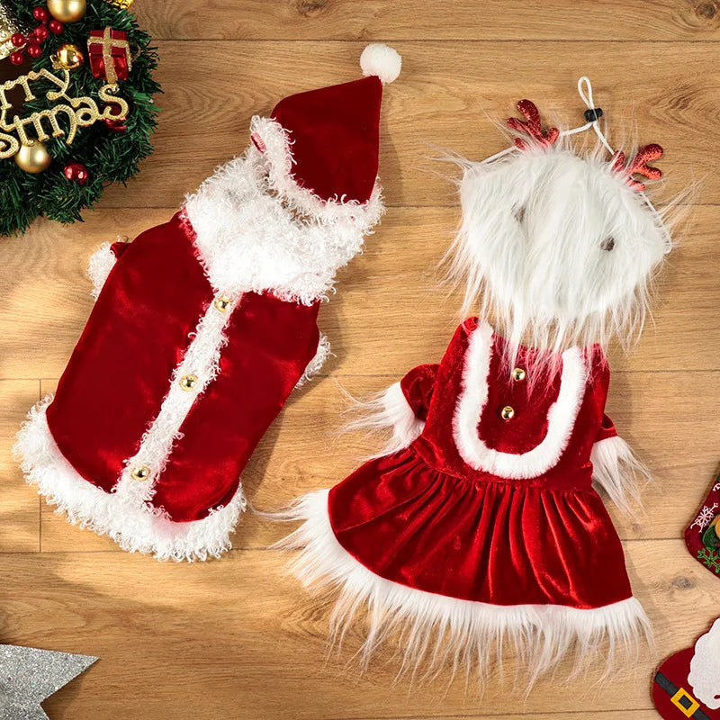 Santa Claus Dog Costume Set with Beard & Reindeer Dress, Velvet Winter Warm Pet Outfit, S-XL