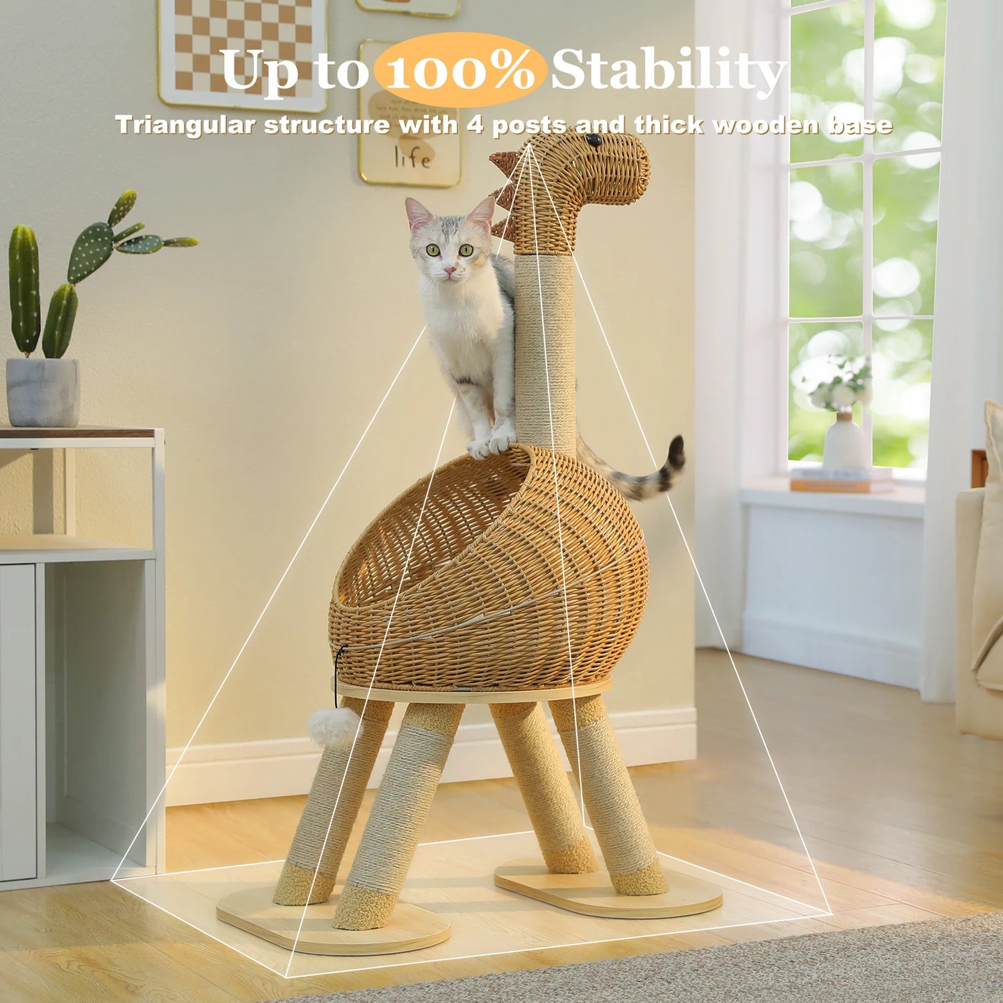 Dinosaur Cat Tree Tower with Sisal Scratching Post Large Rattan Cat Condo for Indoor Wicker Cat Bed with Removable Mat Cat Toys