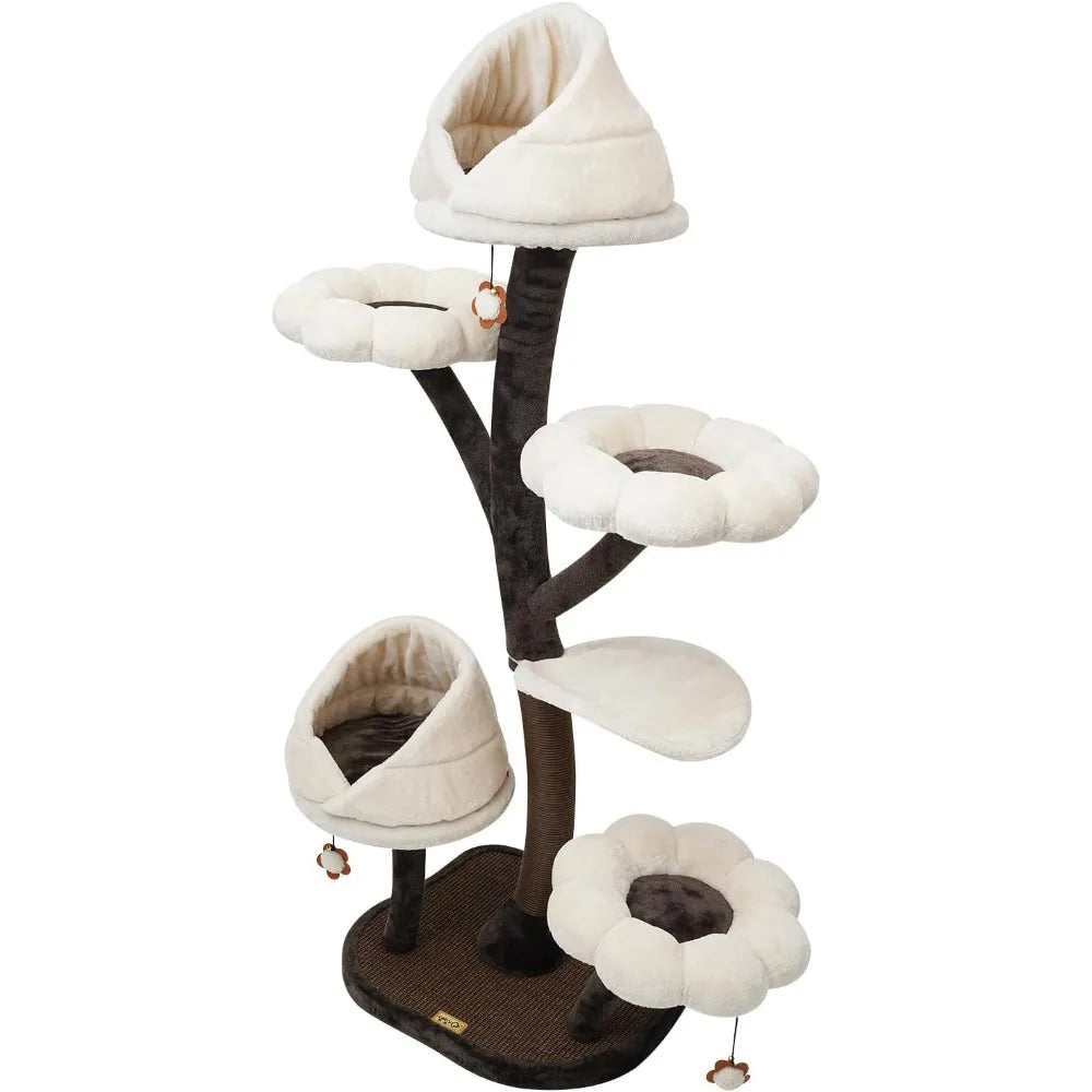 Multi-Level Cat Climbing Tower with Scratching Posts and Resting Platforms, 63.8in High, 22lbs Capacity, Brown and White Design