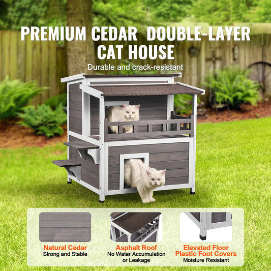 SucceBuy Outdoor Cat House Weatherproof Feral Cat Shelter 2-story Large Outdoor Wooden Cat House with Balcony Door and Open Roof