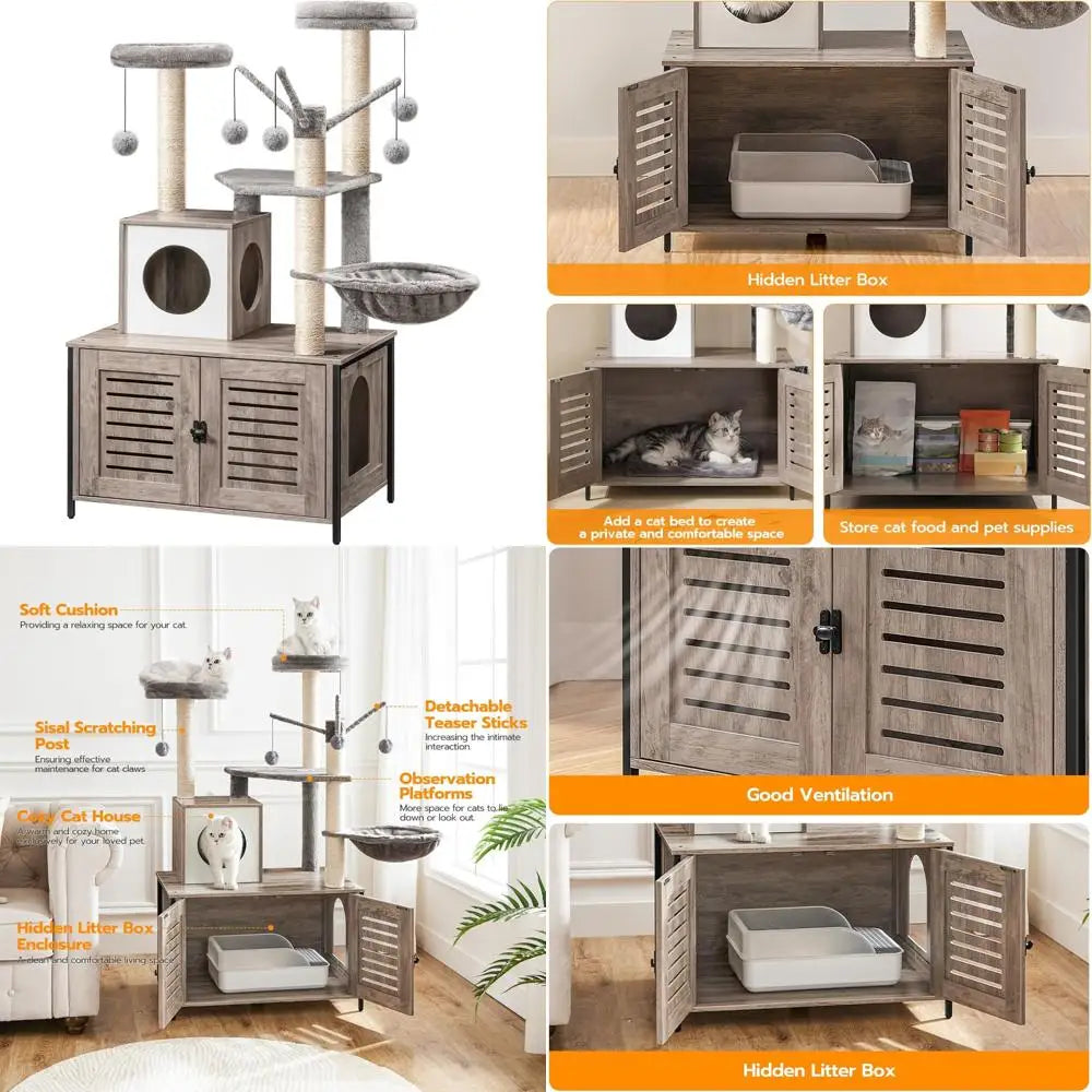 All-in-One Wooden Cat Tower: 27.6 L x 18.9 W x 52 H, Indoor Cat Furniture with Integrated Litter Box Enclosure