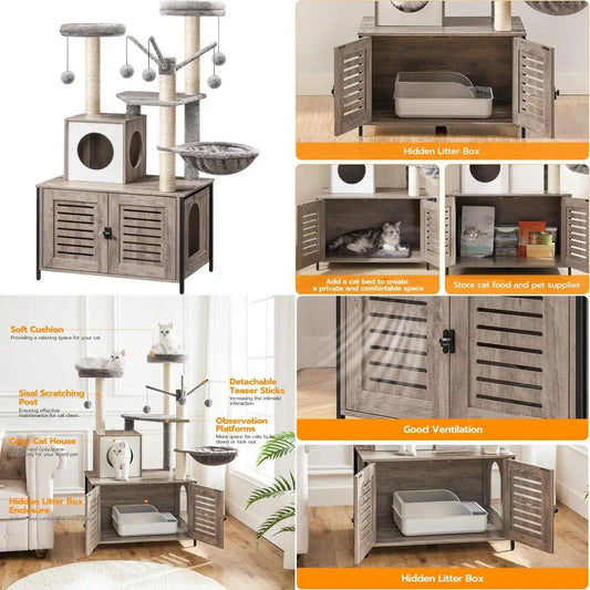 All-in-One Wooden Cat Tower: 27.6 L x 18.9 W x 52 H, Indoor Cat Furniture with Integrated Litter Box Enclosure