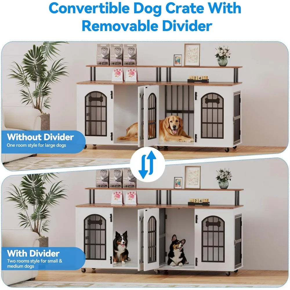63 Dog Crate Furniture for 2 Dogs, XL Large Indoor Wooden Dog Kennel with Divider, 6 Lockable Wheels & Storage, Heavy Duty