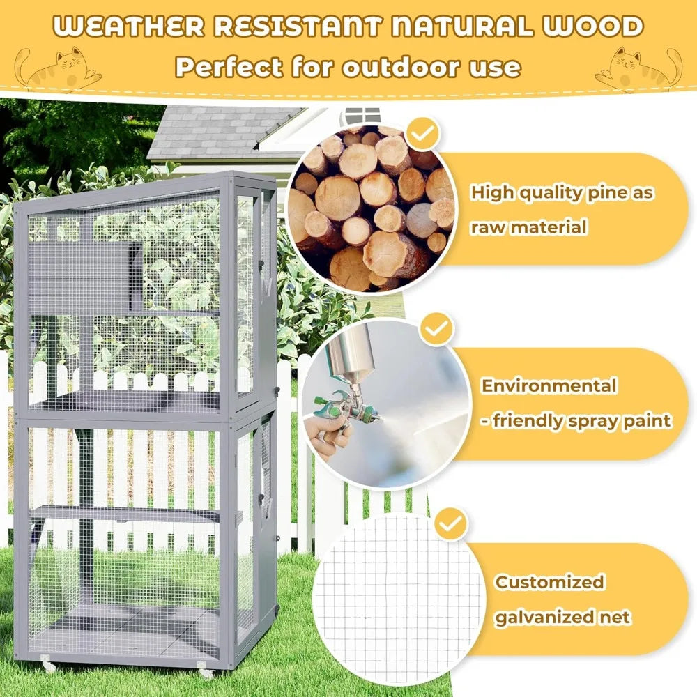 Catio Outdoor Cat Enclosure Window Access, Outdoor Cat House with Wheels, Cage for Cats Indoor(Grey, Medium)