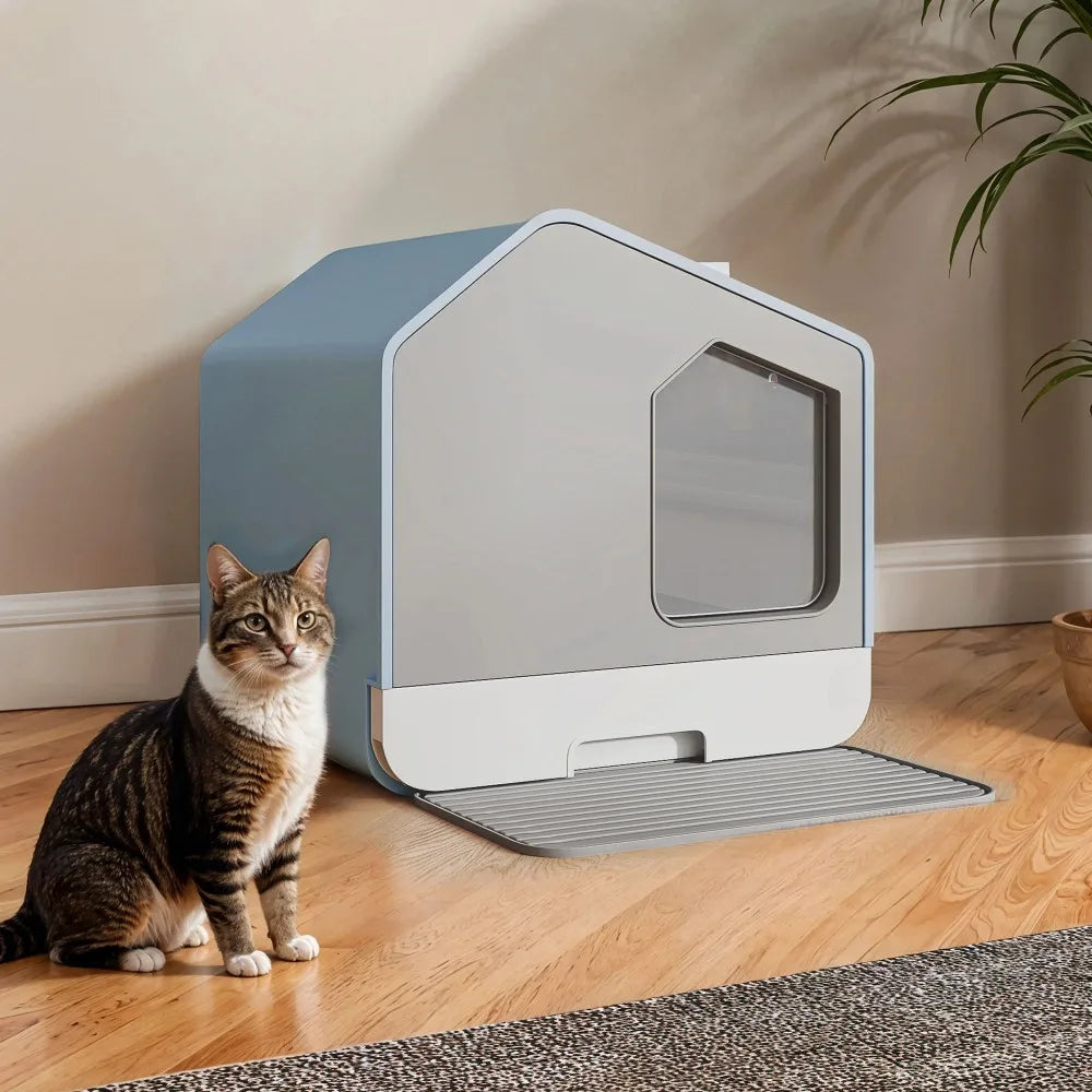 Uforic Enclosed Cat Litter Box - Odor-Free Hooded Design, Easy to Clean, with Mat, Scoop, and Durable Plastic Material - Blue