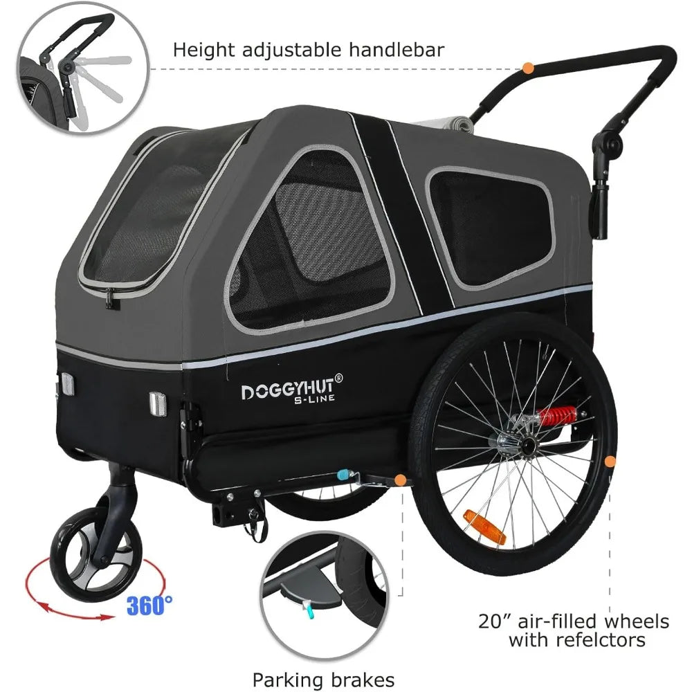 DOGGYHUT® S-Line XL Pet Bike Trailer & Stroller for Dogs Up to 100 lbs,Folding Frame Cart, Suspension Wheels,Low Center of Gravi