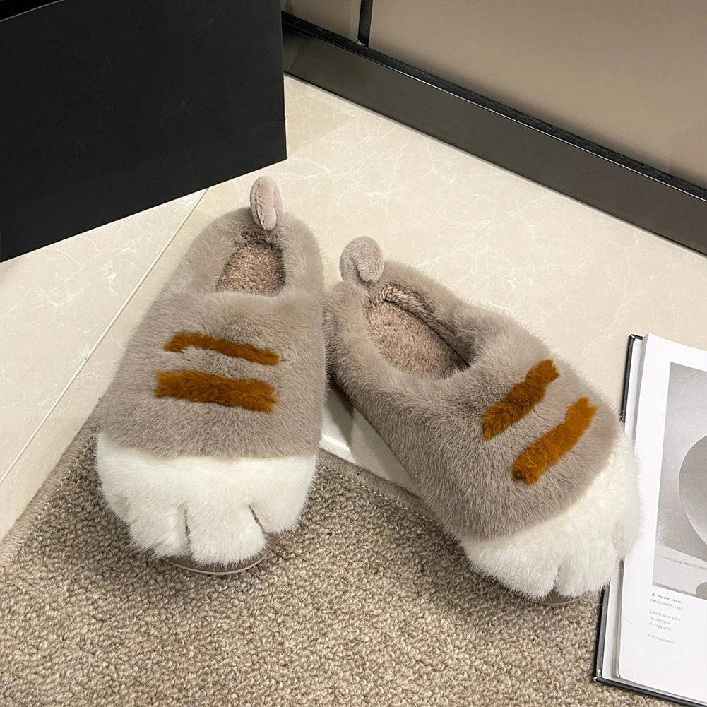 3D Cat Paw Plush Slippers Warm Slip-on House Shoes Comfortable Flat Thermal Slippers Furry Paw Couple Slippers for Men Women