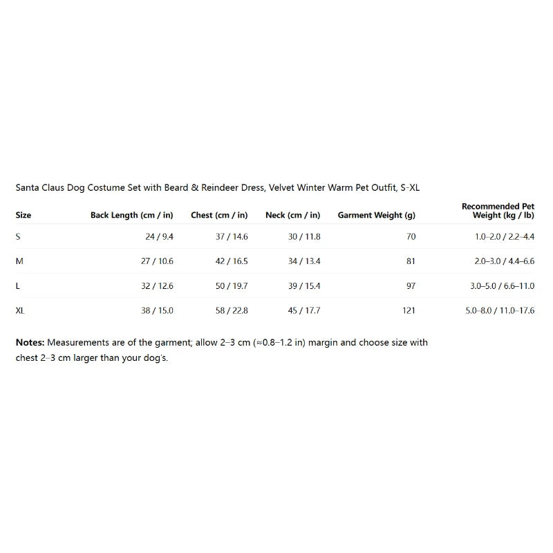 Santa Claus Dog Costume Set with Beard & Reindeer Dress, Velvet Winter Warm Pet Outfit, S-XL