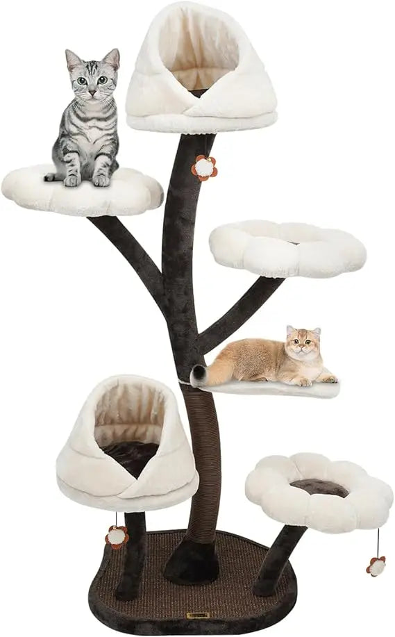 Multi-Level Cat Climbing Tower with Scratching Posts and Resting Platforms, 63.8in High, 22lbs Capacity, Brown and White Design