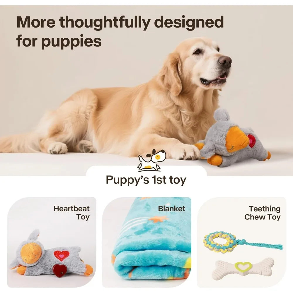 Puppy Essentials Starter Kit - New Born Dog Toys Gifts Heartbeat Puppy for Dogs, Teething Toys, Heat Packs & Cozy Blanket for Cr