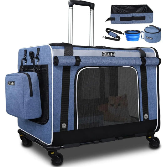 Extra Large Cat Carrier with Wheels and Litter Box, 24x17x17 Rolling Soft Carrier for Pets up to 55LBS with 5 Breathable Mesh