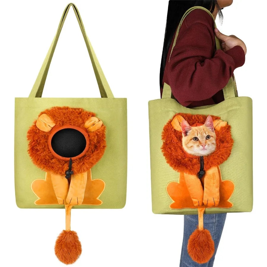 Portable Green LionShaped Canvas Shoulder Bag for Small Animals: Cute Cat Carrier and Tote Handbag Ideal for Outdoor Travel Pet