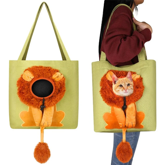 Portable Green LionShaped Canvas Shoulder Bag for Small Animals: Cute Cat Carrier and Tote Handbag Ideal for Outdoor Travel Pet