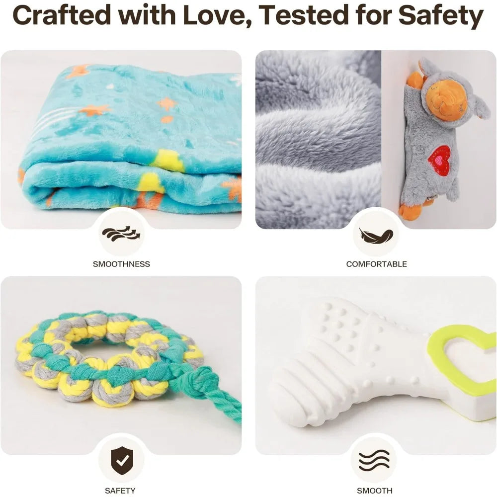 Puppy Essentials Starter Kit - New Born Dog Toys Gifts Heartbeat Puppy for Dogs, Teething Toys, Heat Packs & Cozy Blanket for Cr