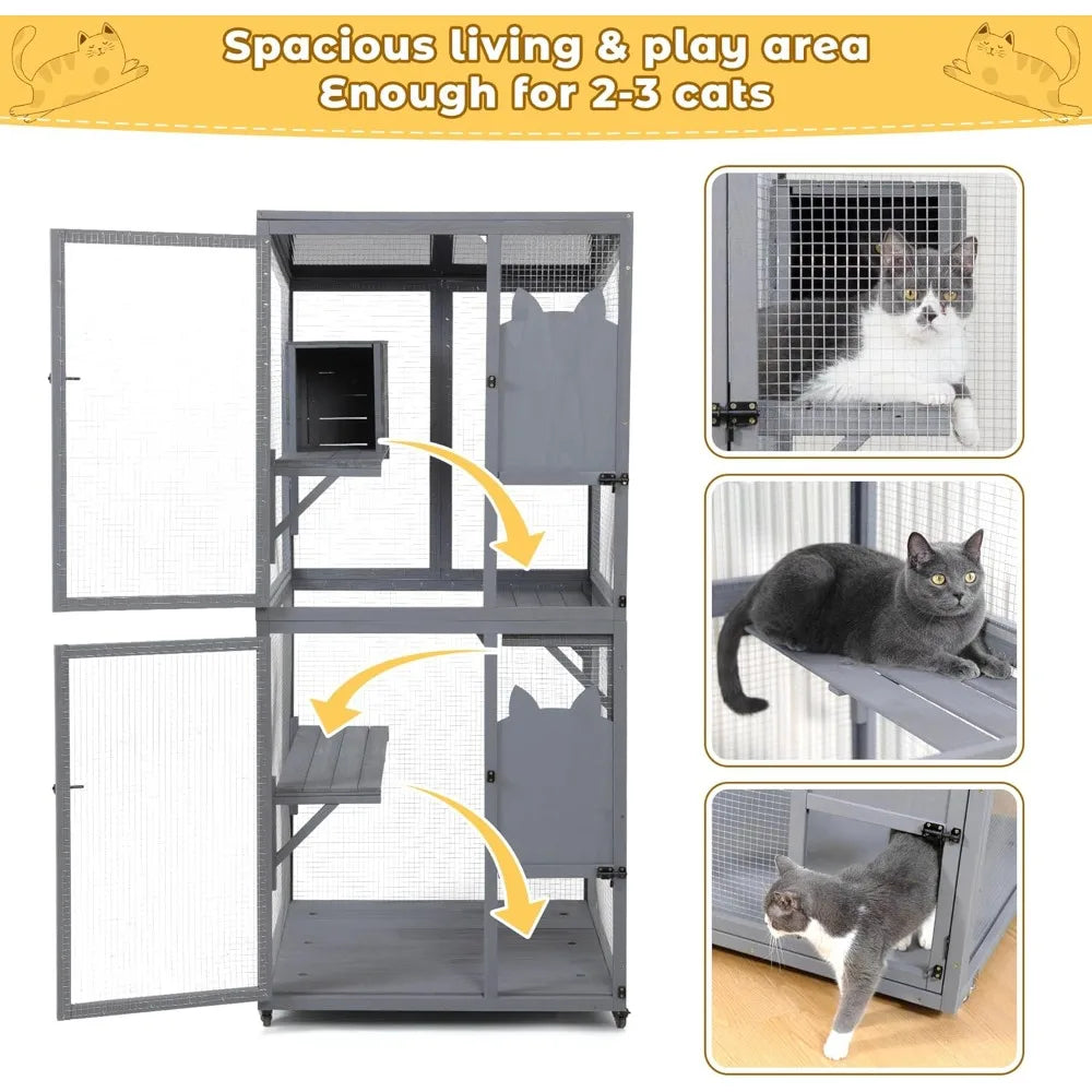 Catio Outdoor Cat Enclosure Window Access, Outdoor Cat House with Wheels, Cage for Cats Indoor(Grey, Medium)
