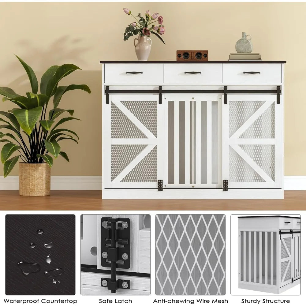 Double Door Wooden Dog Crate with Removable Divider and Storage for Medium to Extra Large Dogs