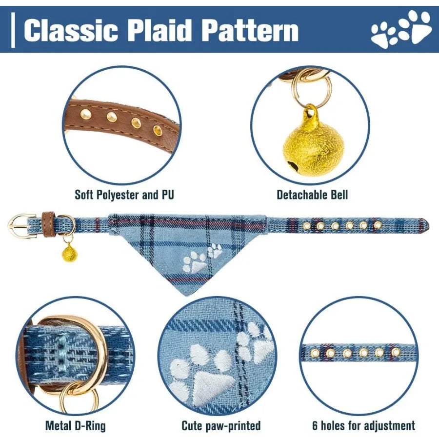 Puppy Collar and Leash Set Embroidery Pawprints Plaid Dog Collar and Dog Leash Set Bow Tie and Banda Dog Collar with Bell Cute
