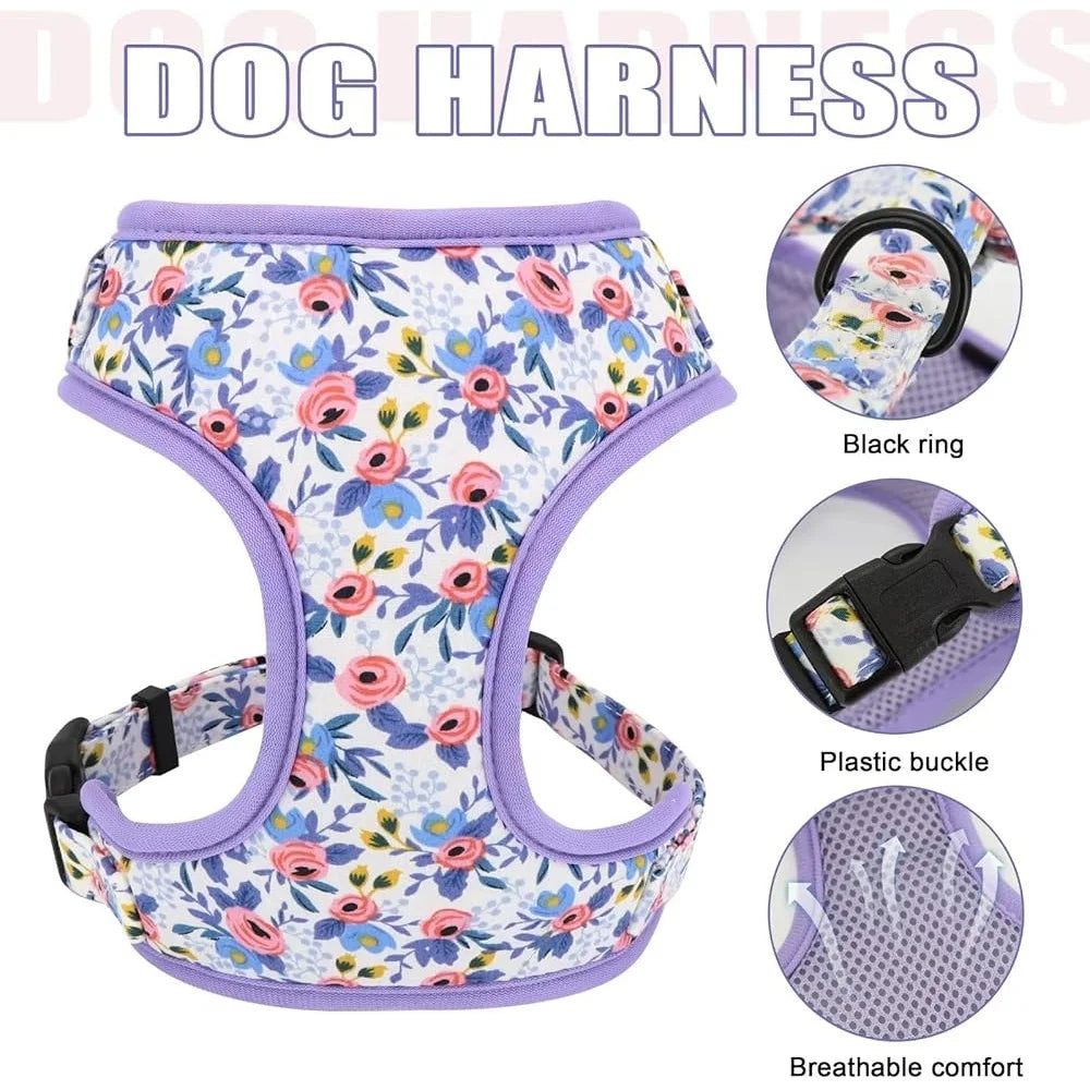 Cute Dog Harness Leash Collar Set Adjustable Floral Soft Mesh Pet Vest Puppies Girls Wedding Party Outdoor Activities