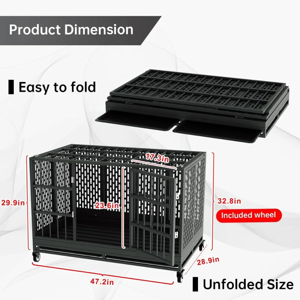 48 Inch Heavy Duty Dog Crate with Wheels, Folding Metal Big Dog Cage for Large and Medium Dogs, Extra Large XL XXL Indestructibl