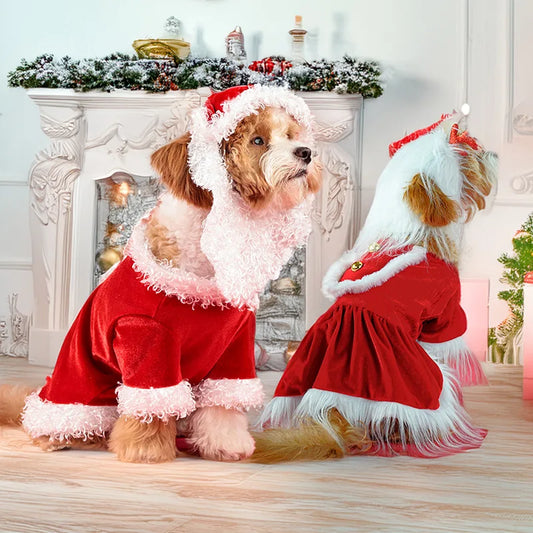 Santa Claus Dog Costume Set with Beard & Reindeer Dress, Velvet Winter Warm Pet Outfit, S-XL