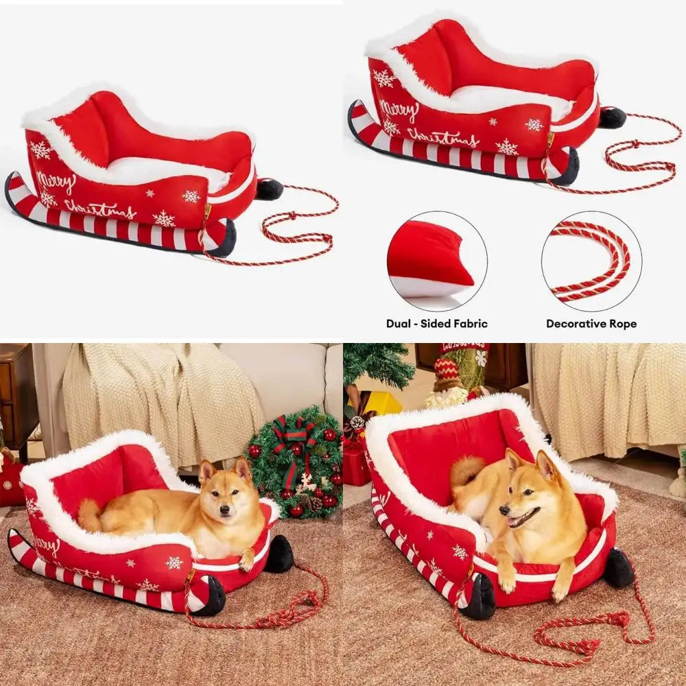 Christmas Sleigh-Themed Plush Dog and Cat Bed, 2025 Edition - Soft, Washable Holiday Pet Sofa