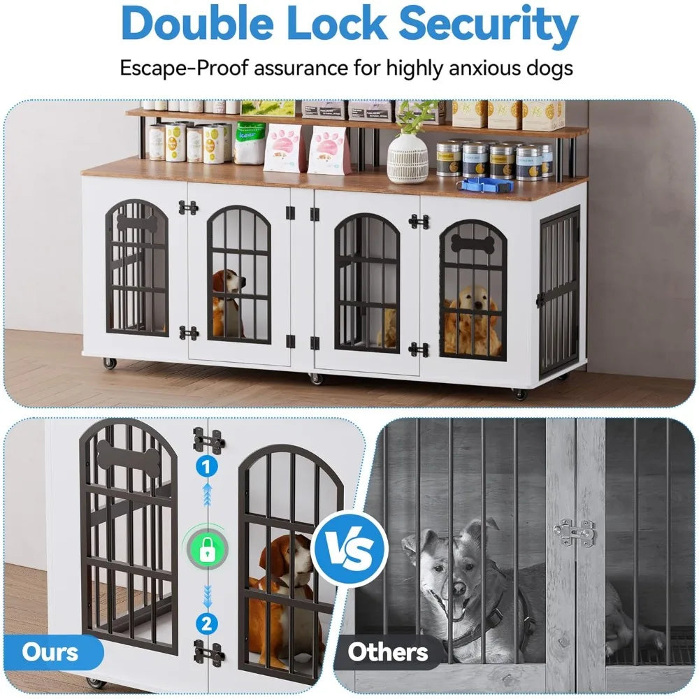 63 Dog Crate Furniture for 2 Dogs, XL Large Indoor Wooden Dog Kennel with Divider, 6 Lockable Wheels & Storage, Heavy Duty