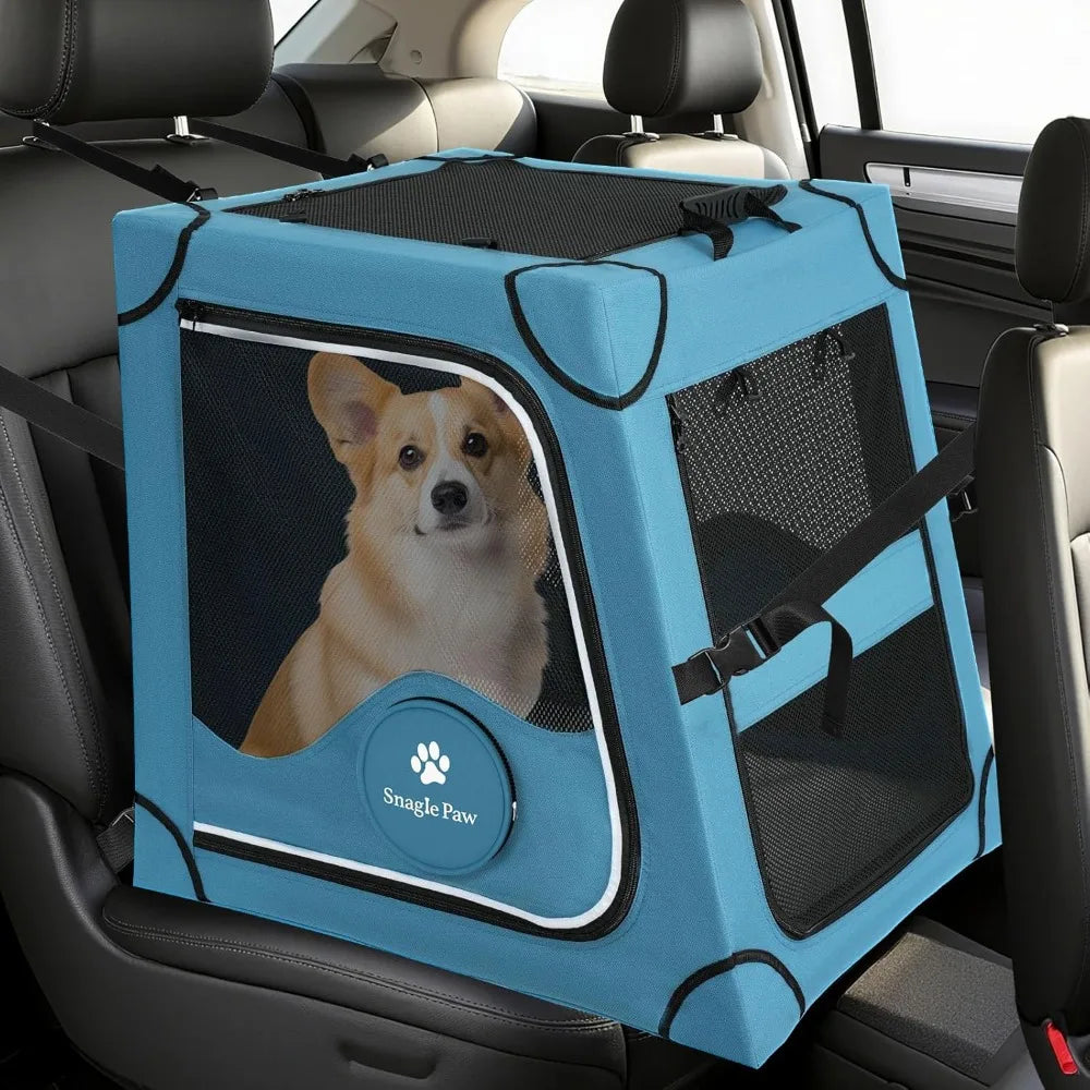 Portable Dog Crate for Car Travel, Metal Frame Pet Crate, Pet Carrier for Car Back Seat Secures with Headrest Strap