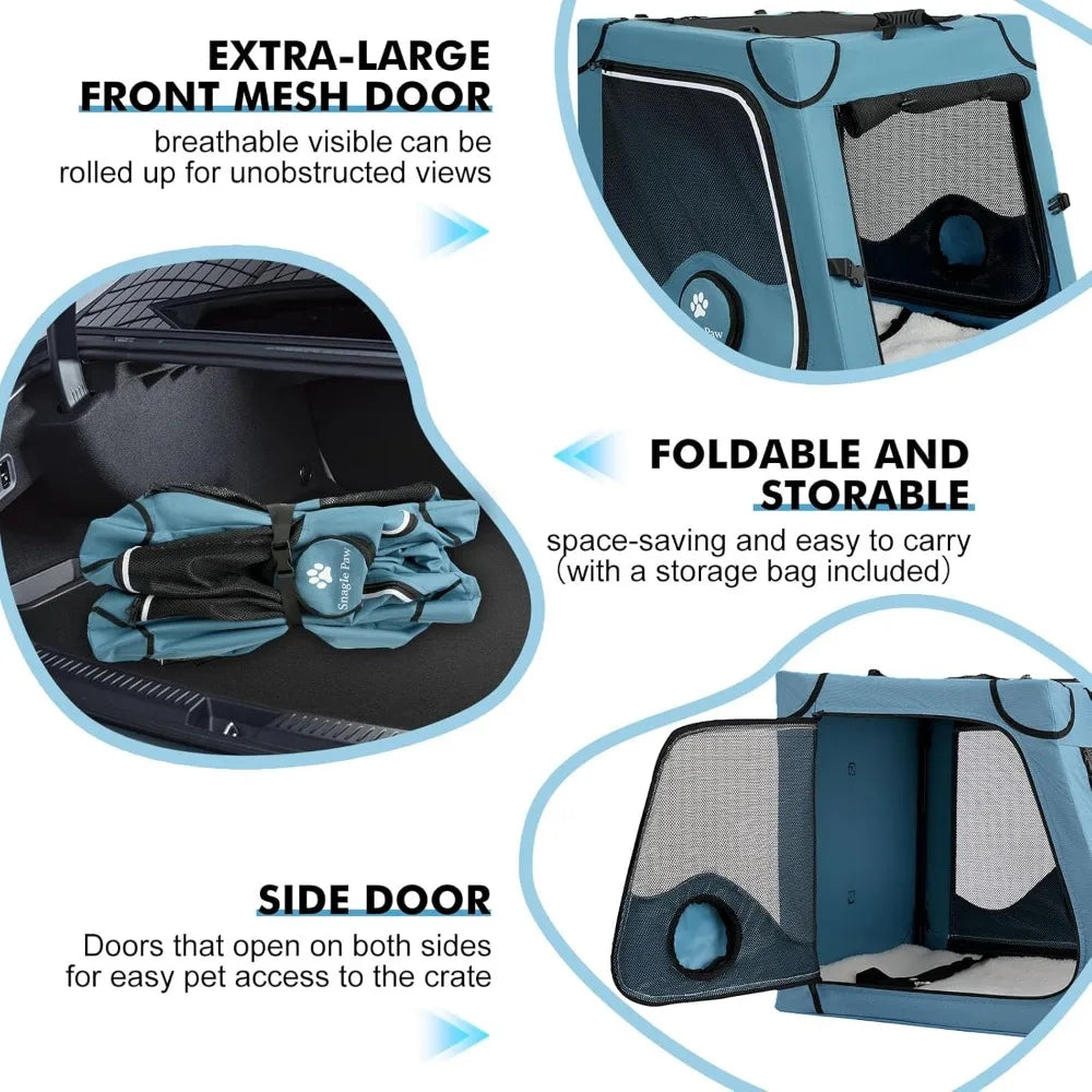 Portable Dog Crate for Car Travel, Metal Frame Pet Crate, Pet Carrier for Car Back Seat Secures with Headrest Strap