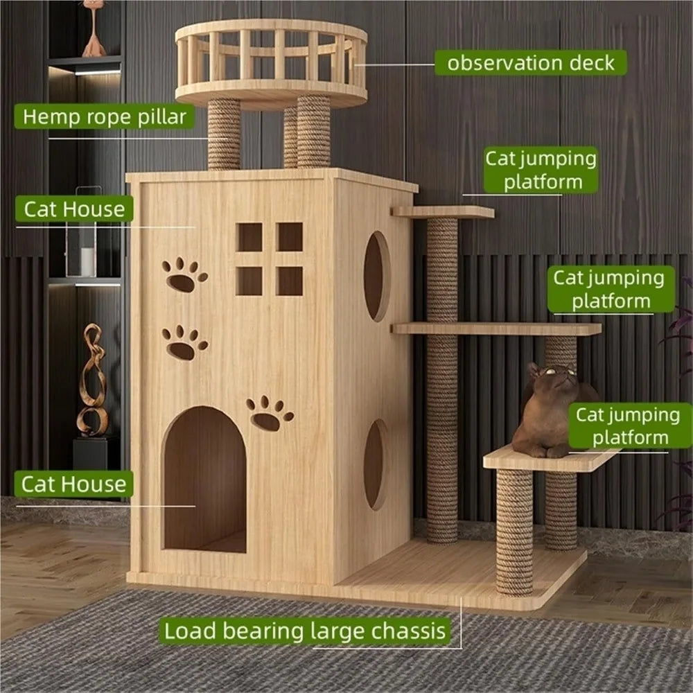 "indoor modern cat tower with scratching post, jumping platforms, and observation deck"