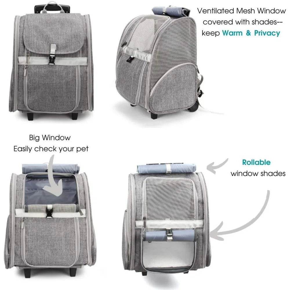 Pet Rolling Carrier, Dog Backpack with Wheels, Cats, Puppies Travel Bag with Wheels, Dog Trolley (Grey)