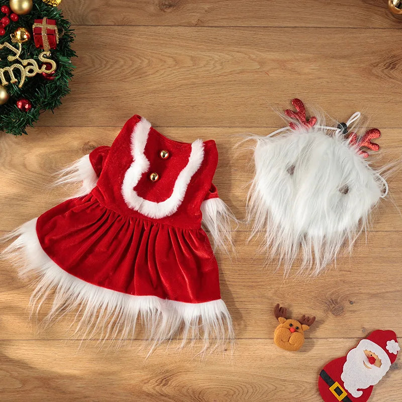 Santa Claus Dog Costume Set with Beard & Reindeer Dress, Velvet Winter Warm Pet Outfit, S-XL