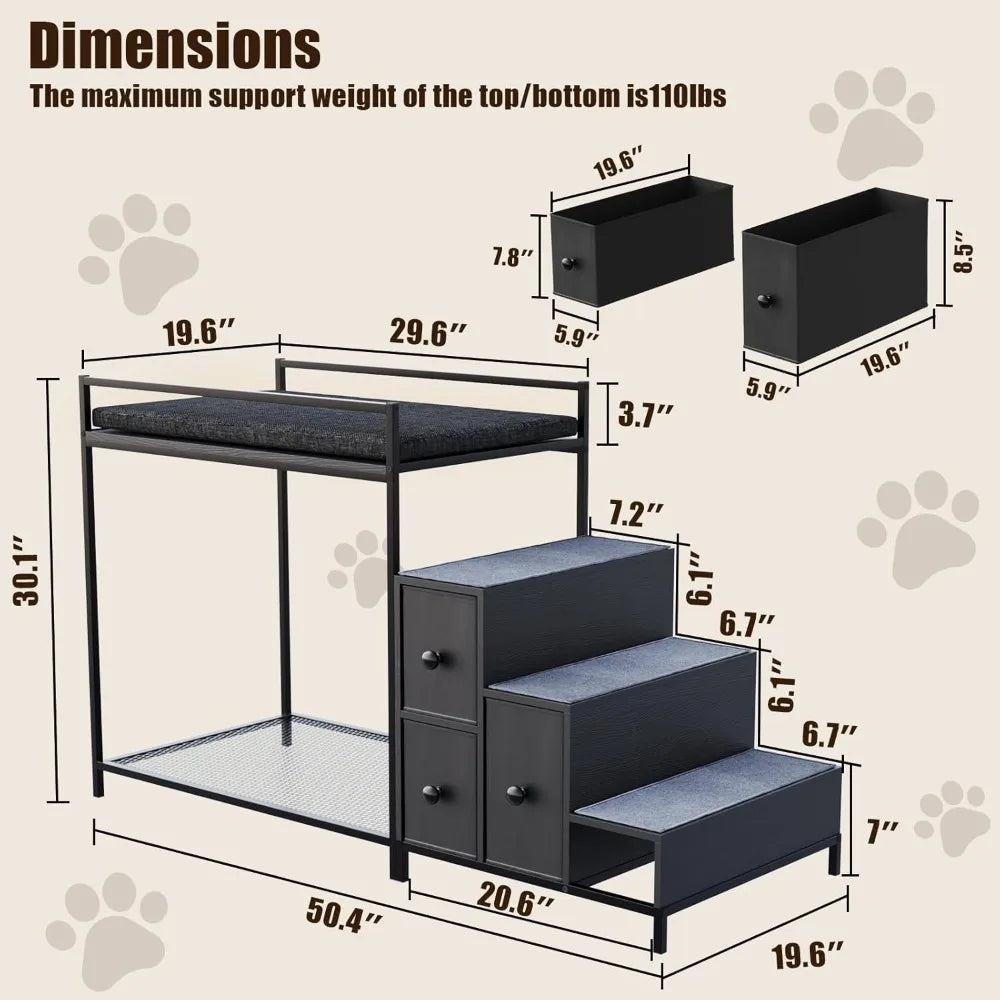 Pet Bunk Bed with Stairs and Storage, Dogs/Cats Window Perch, Bedside Lounge Elevated Dog Bed Multi-Level Platform with Foam