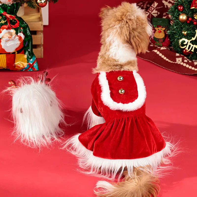 Santa Claus Dog Costume Set with Beard & Reindeer Dress, Velvet Winter Warm Pet Outfit, S-XL