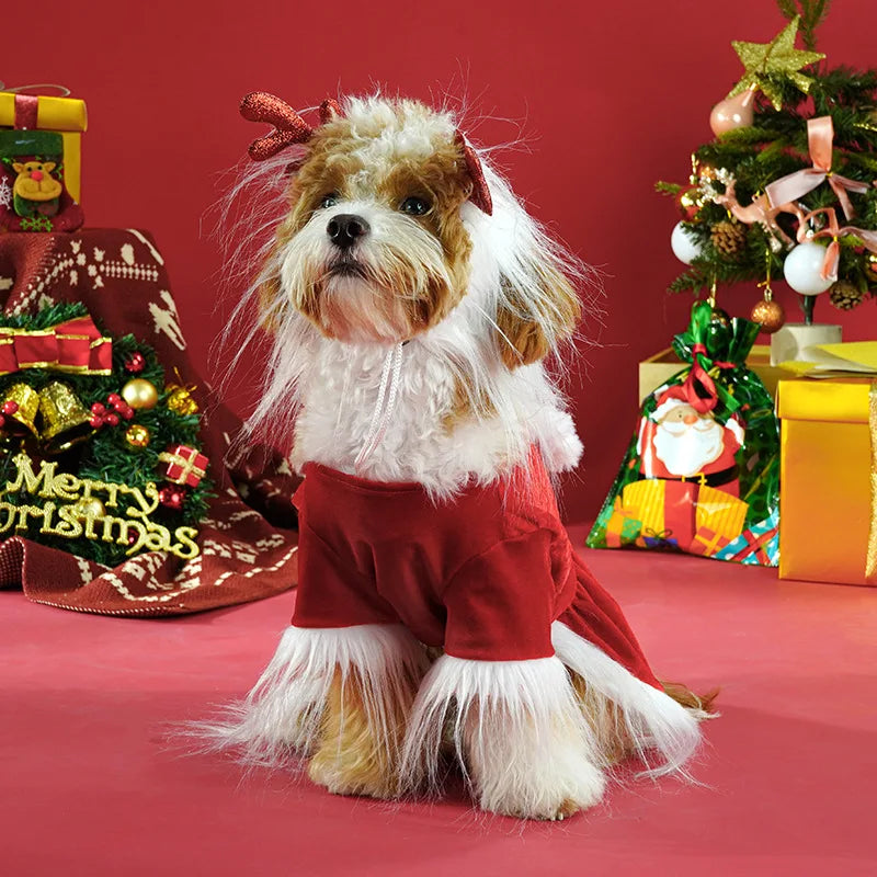 Santa Claus Dog Costume Set with Beard & Reindeer Dress, Velvet Winter Warm Pet Outfit, S-XL