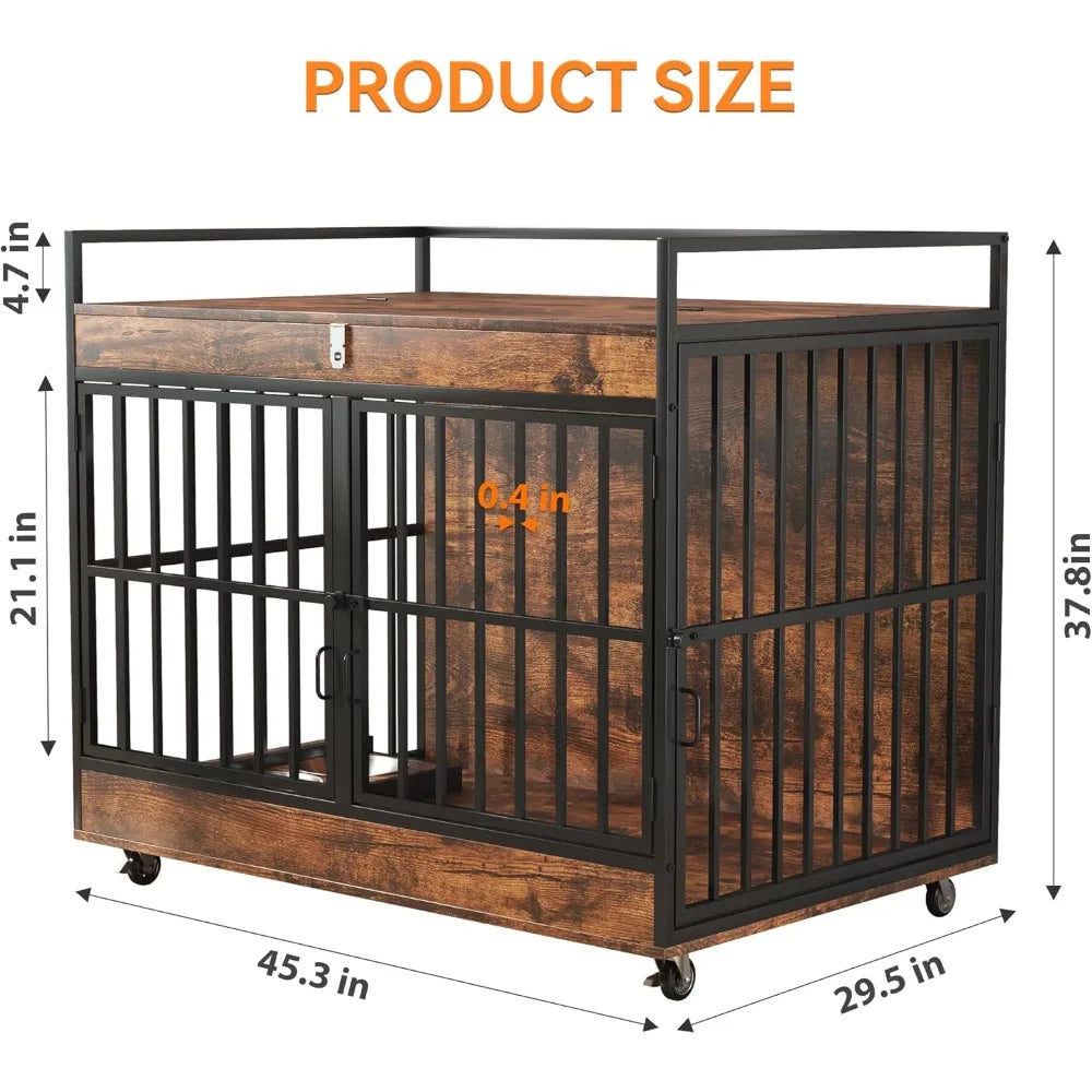 Dog Crate Furniture for Large Dog with 2 Stainless Steel Bowls, Large Wooden Dog Crate Table, XL Heavy Duty