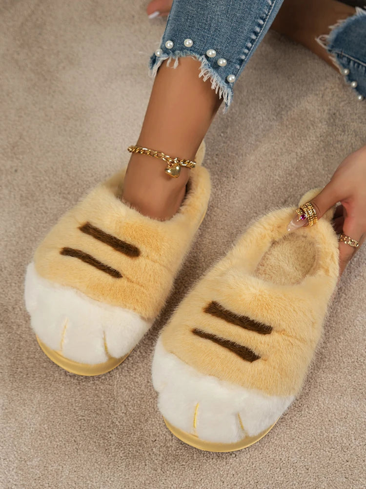 3D Cat Paw Plush Slippers Warm Slip-on House Shoes Comfortable Flat Thermal Slippers Furry Paw Couple Slippers for Men Women