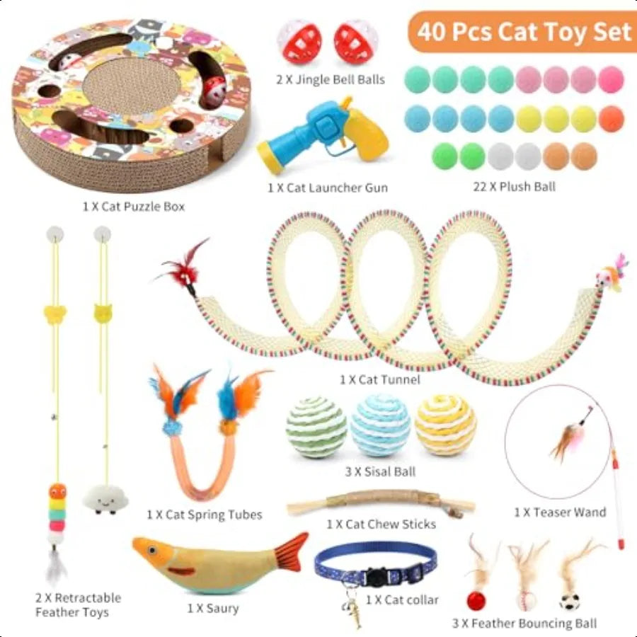 40 Pieces Cat Toys for Indoor Cats Kitty with Interactive Cat Tunnel Scratcher Feather Wand Plush Ball Toy Cat Collar Catnip To