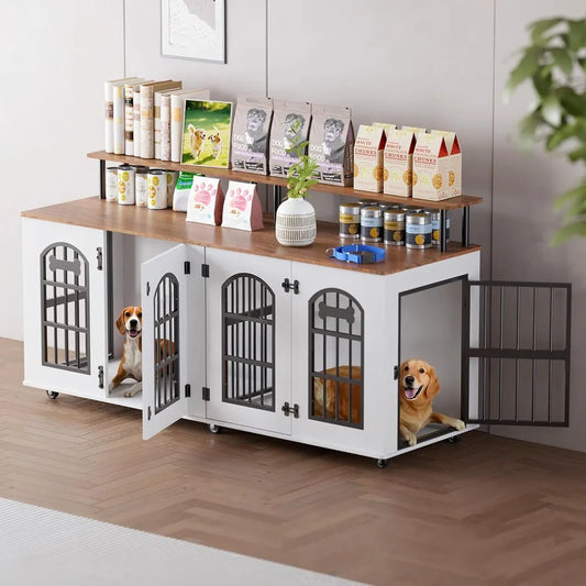 63 Dog Crate Furniture for 2 Dogs, XL Large Indoor Wooden Dog Kennel with Divider, 6 Lockable Wheels & Storage, Heavy Duty