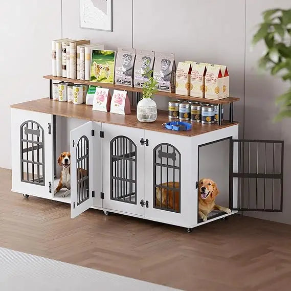 63 Dog Crate Furniture for 2 Dogs, XL Large Indoor Wooden Dog Kennel with Divider, 6 Lockable Wheels & Storage, Heavy Duty