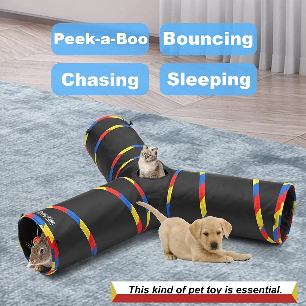 2 Pack Collapsible Cat Tunnels 3 Way, Cats Dogs Maze Tube with Ball for Indoor Outdoor Large Cat Play Toy (Black)