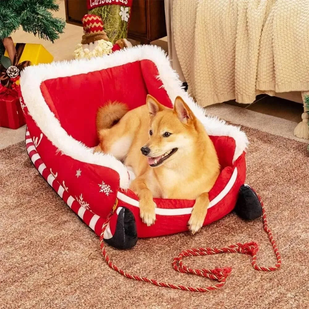 Christmas Sleigh-Themed Plush Dog and Cat Bed, 2025 Edition - Soft, Washable Holiday Pet Sofa