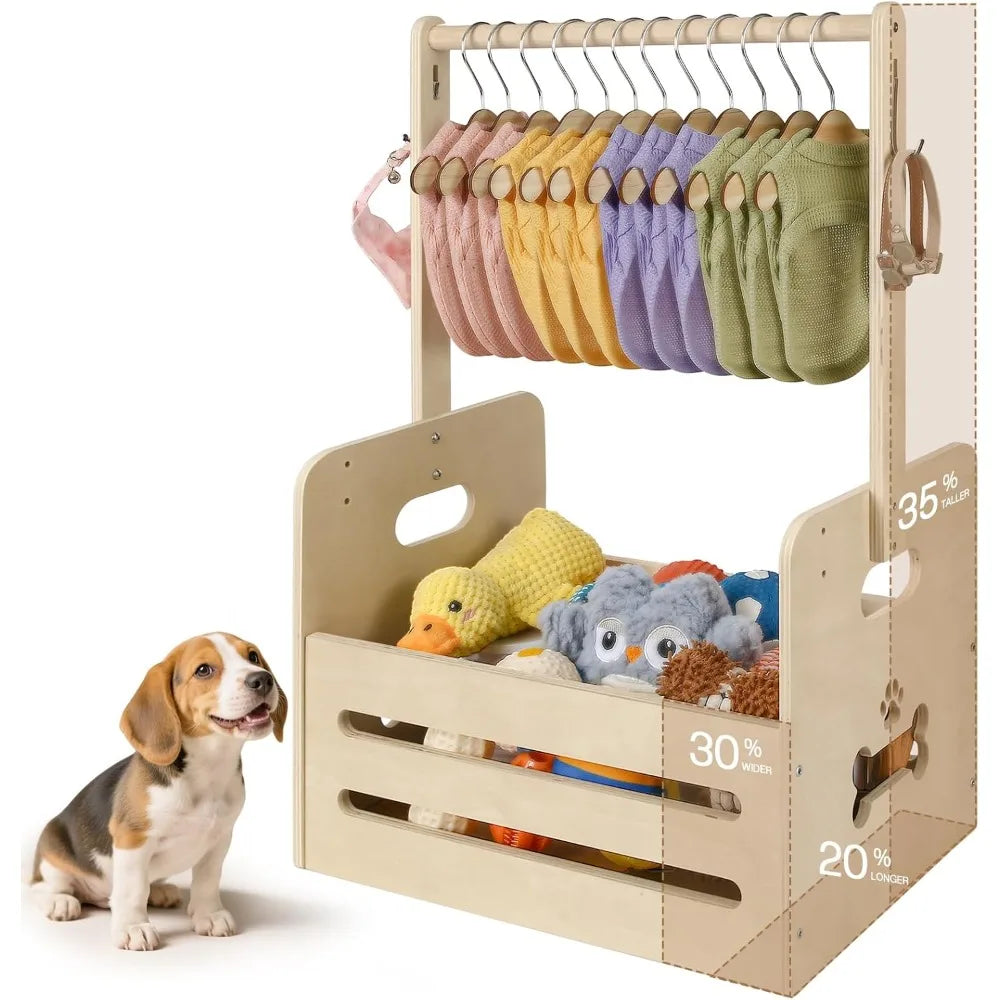 35L Wooden Dog Storage Organizer, Dog Toy Bin with Hanging Rods, 27"x16"x11" Pet Wardrobe Closet with 2 Metal Hooks, Pet Clothes