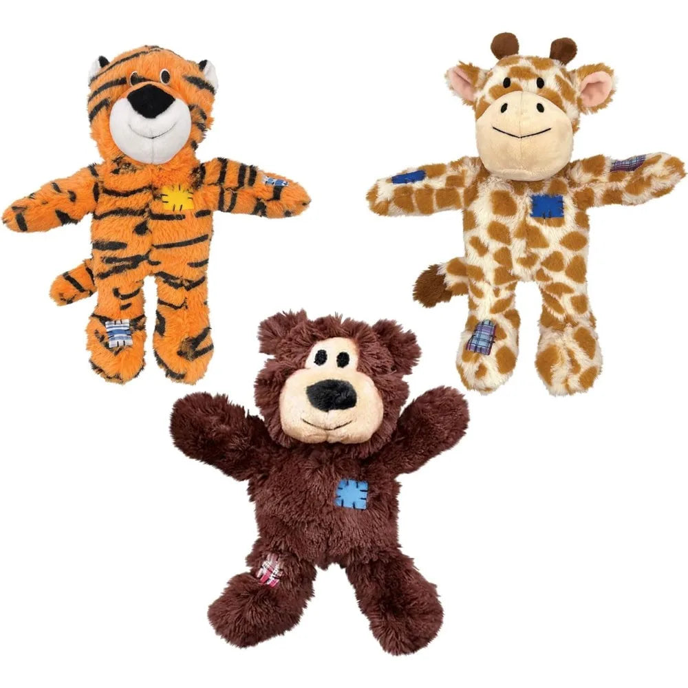 KONG Wild Knots Dog Toys 3 Pack – Bear, Giraffe & Tiger – Durable Plush Toys with Internal Knotted Rope & Squeaker – Soft Outsid