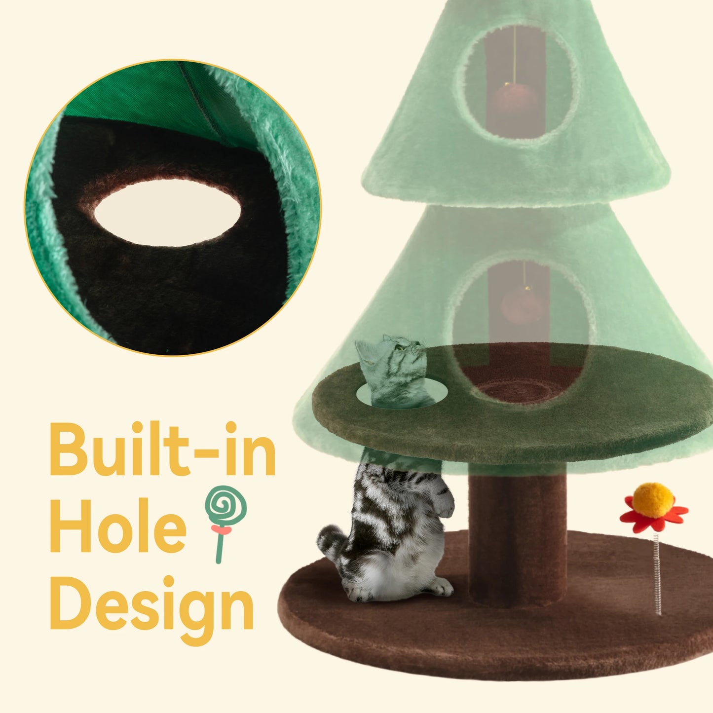 HOOMIC 63 Inches Cat Christmas Tree/Cat Tower/Cat House with Plush Ball/Cat Toys/Cozy Cat Condo for Indoor Cats/Wide Base/Green