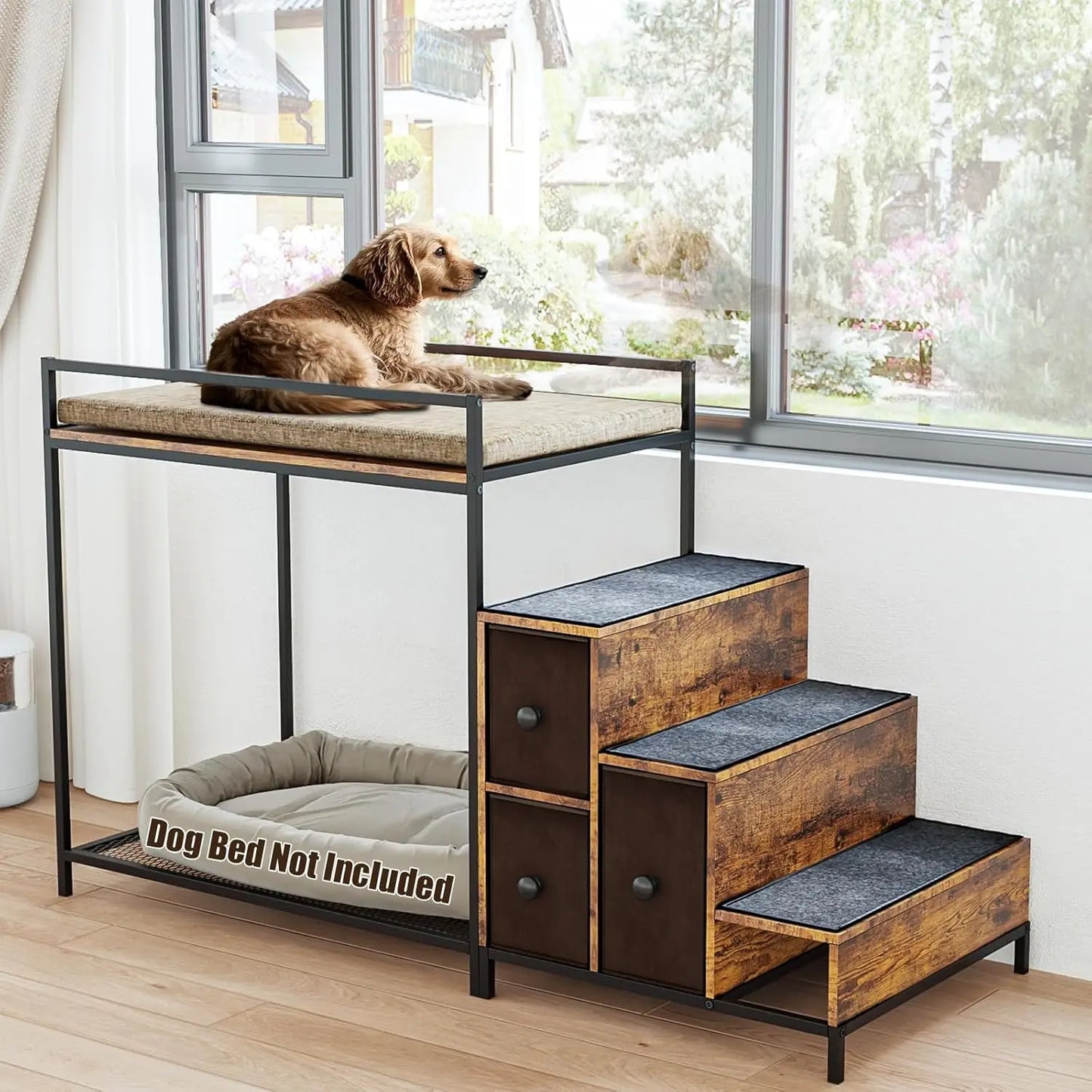 Pet Bunk Bed with Stairs and Storage, Dogs/Cats Window Perch, Bedside Lounge Elevated Dog Bed Multi-Level Platform with Foam